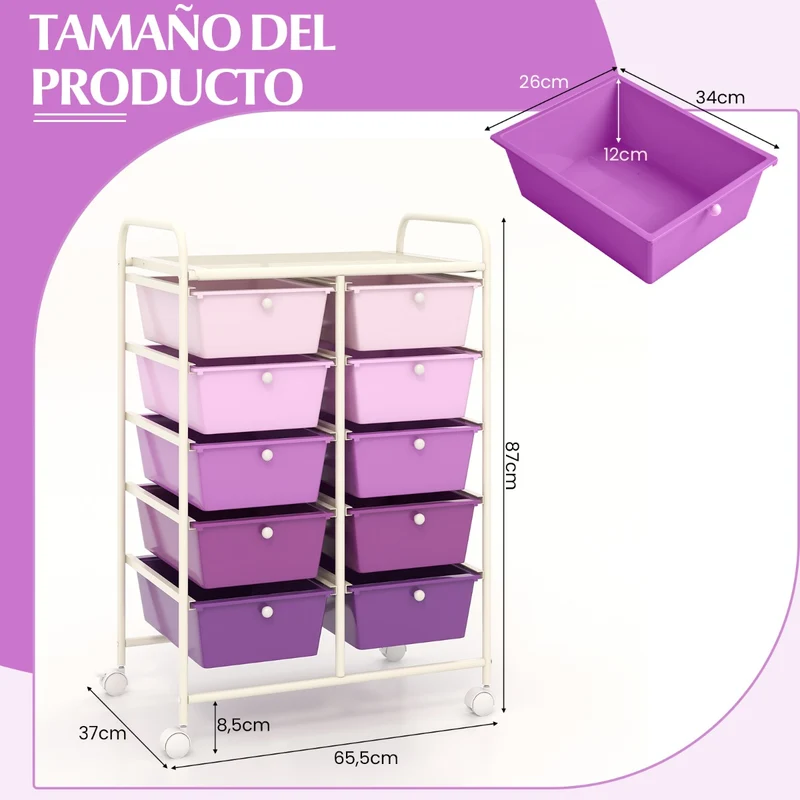 Carrinho Organizador Móvel com 10 Gavetas 65,5 x 37 x 87 cm