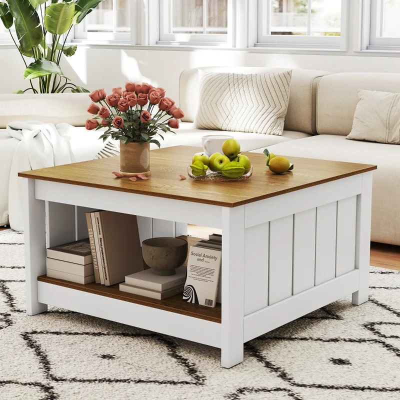 Mesa Centro Madeira 2 Níveis 80x80x45cm Prateleira Inferior Natural Sala Escritório