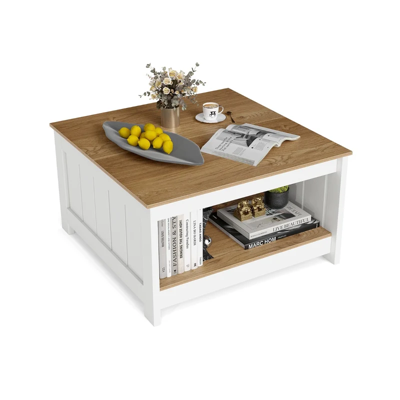 Mesa Centro Madeira 2 Níveis 80x80x45cm Prateleira Inferior Natural Sala Escritório