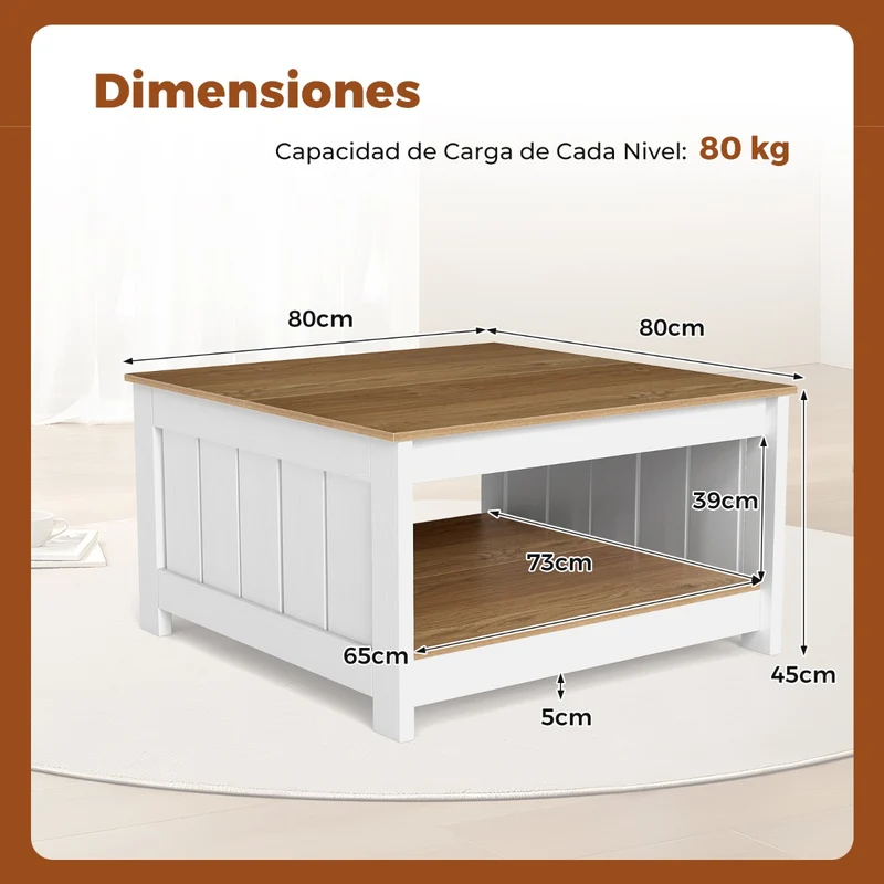 Mesa Centro Madeira 2 Níveis 80x80x45cm Prateleira Inferior Natural Sala Escritório