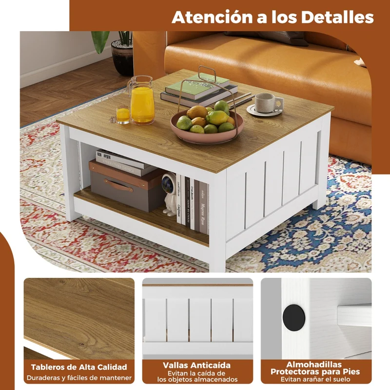 Mesa Centro Madeira 2 Níveis 80x80x45cm Prateleira Inferior Natural Sala Escritório