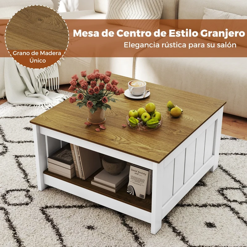 Mesa Centro Madeira 2 Níveis 80x80x45cm Prateleira Inferior Natural Sala Escritório