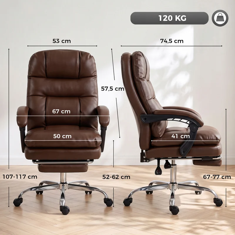Cadeira de Escritório Ergonómica com Apoio para os Pés, Molas Ensacadas, Reclinável 155°, Encosto Alto, Apoio de Cabeça, Castanho