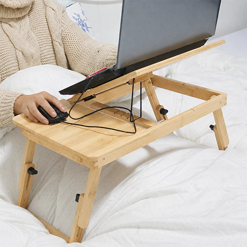 Contemporary Scandinavian Rectangular Bamboo Folding Laptop Desk With Adjustable Legs For Bedroom