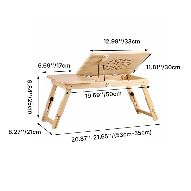 Contemporary Scandinavian Rectangular Bamboo Folding Laptop Desk With Adjustable Legs For Bedroom