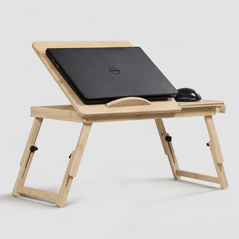 Contemporary Scandinavian Rectangular Bamboo Folding Laptop Desk With Adjustable Legs For Bedroom