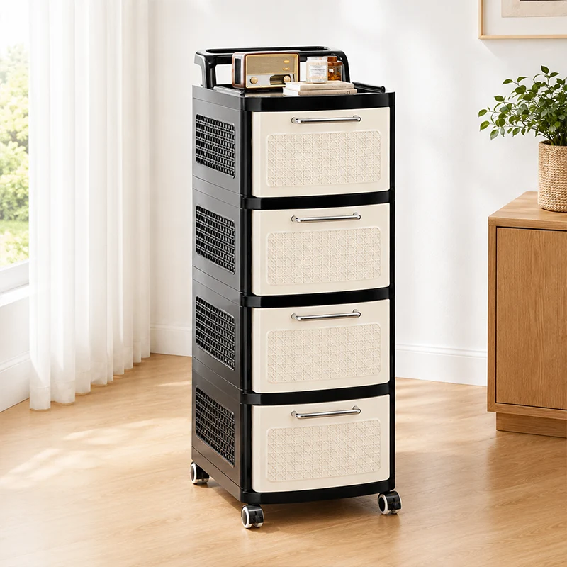 Modern Minimalist Plastic Rectangular Movable Storage Cabinet 2/3/4/5-Drawer For Living Room & Bedroom