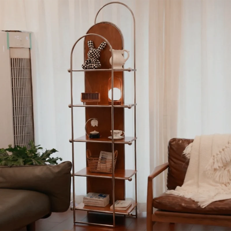 Contemporary Scandinavian Stainless Steel Rubberwood Floor-Standing Corner Display Rack 5-Layer For Living Room & Study