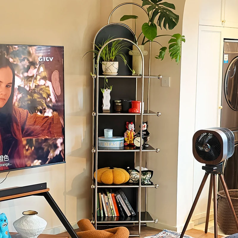 Contemporary Scandinavian Stainless Steel Rubberwood Floor-Standing Corner Display Rack 5-Layer For Living Room & Study