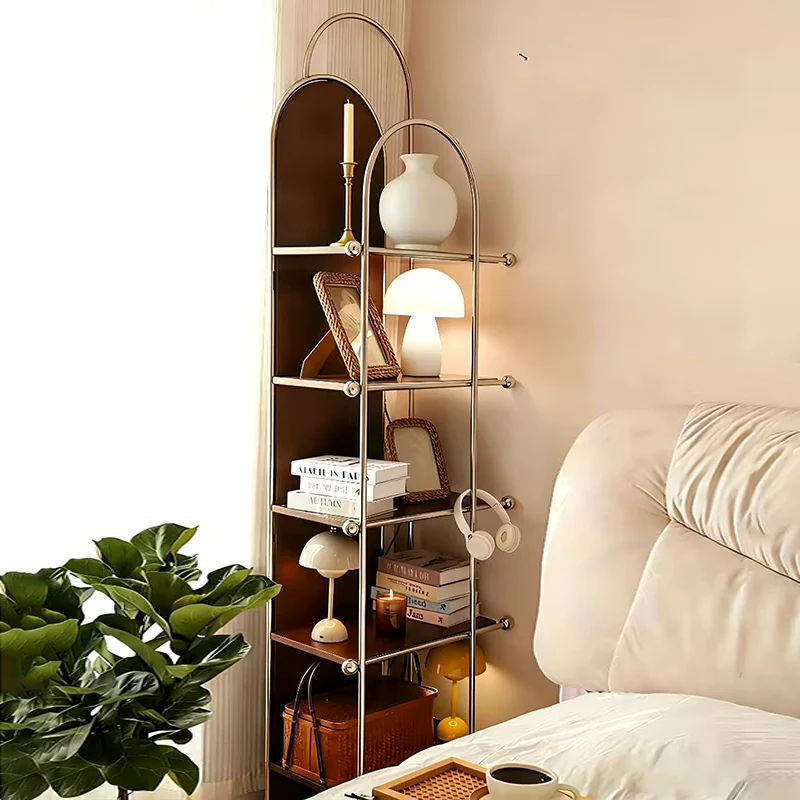Contemporary Scandinavian Stainless Steel Rubberwood Floor-Standing Corner Display Rack 5-Layer For Living Room & Study