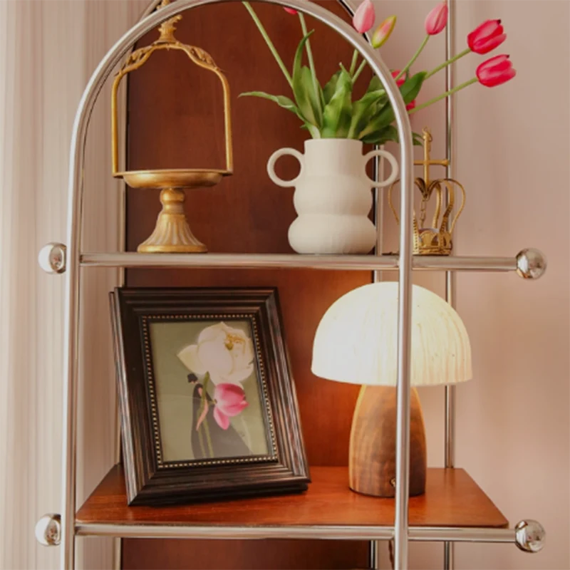 Contemporary Scandinavian Stainless Steel Rubberwood Floor-Standing Corner Display Rack 5-Layer For Living Room & Study