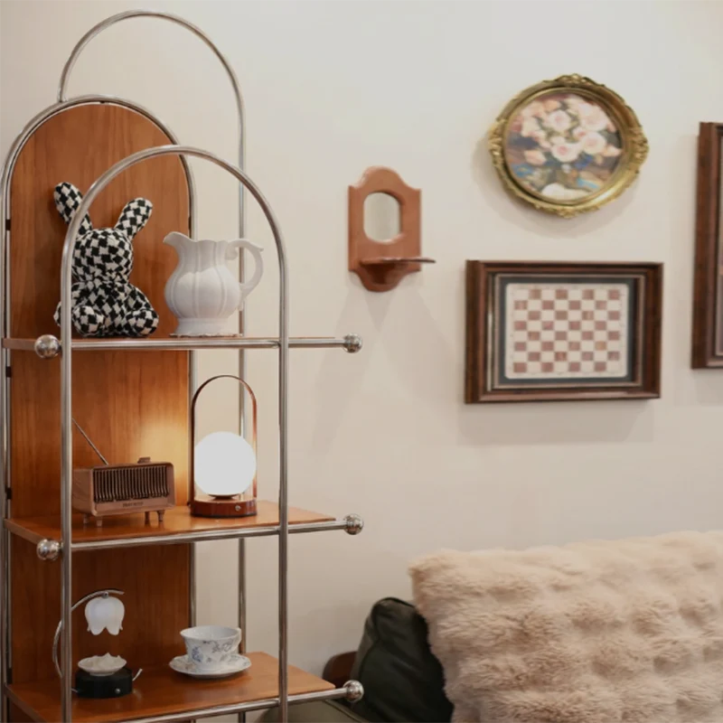 Contemporary Scandinavian Stainless Steel Rubberwood Floor-Standing Corner Display Rack 5-Layer For Living Room & Study