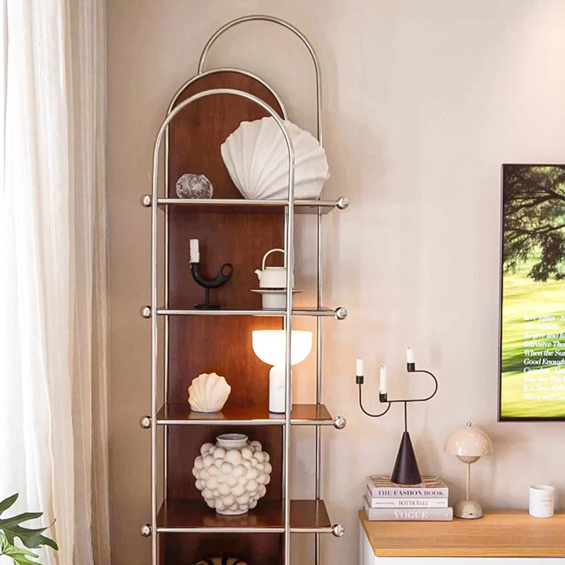 Contemporary Scandinavian Stainless Steel Rubberwood Floor-Standing Corner Display Rack 5-Layer For Living Room & Study