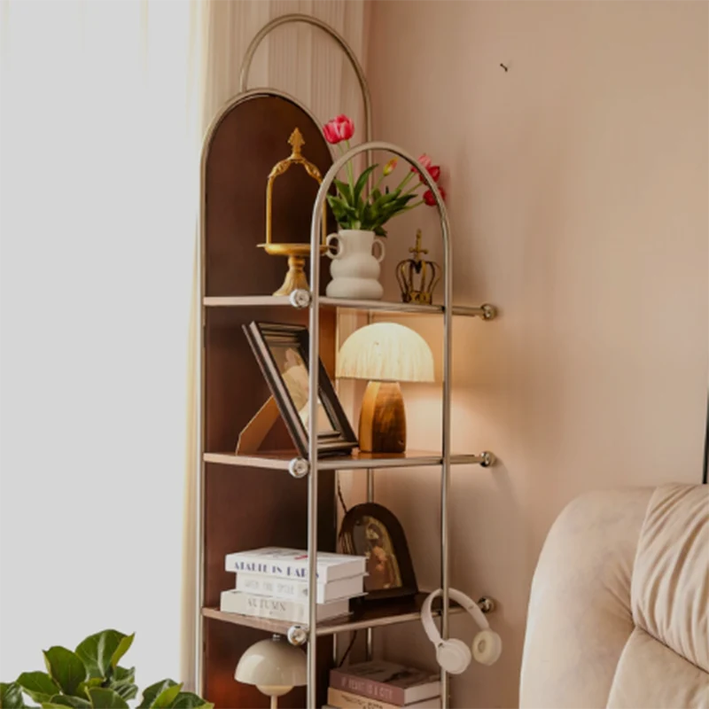 Contemporary Scandinavian Stainless Steel Rubberwood Floor-Standing Corner Display Rack 5-Layer For Living Room & Study