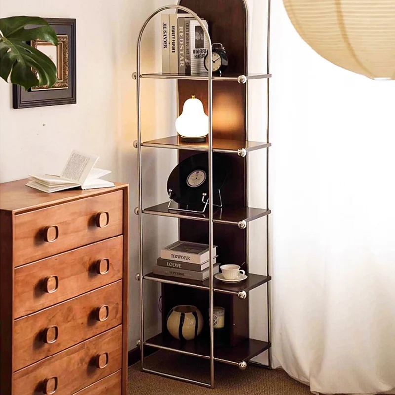Contemporary Scandinavian Stainless Steel Rubberwood Floor-Standing Corner Display Rack 5-Layer For Living Room & Study