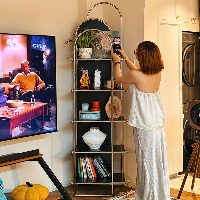Contemporary Scandinavian Stainless Steel Rubberwood Floor-Standing Corner Display Rack 5-Layer For Living Room & Study