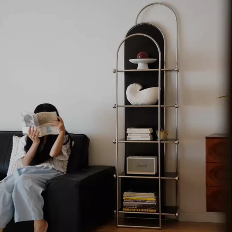 Contemporary Scandinavian Stainless Steel Rubberwood Floor-Standing Corner Display Rack 5-Layer For Living Room & Study