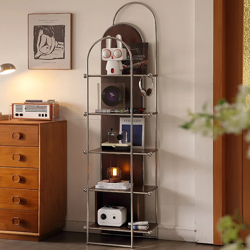Contemporary Scandinavian Stainless Steel Rubberwood Floor-Standing Corner Display Rack 5-Layer For Living Room & Study