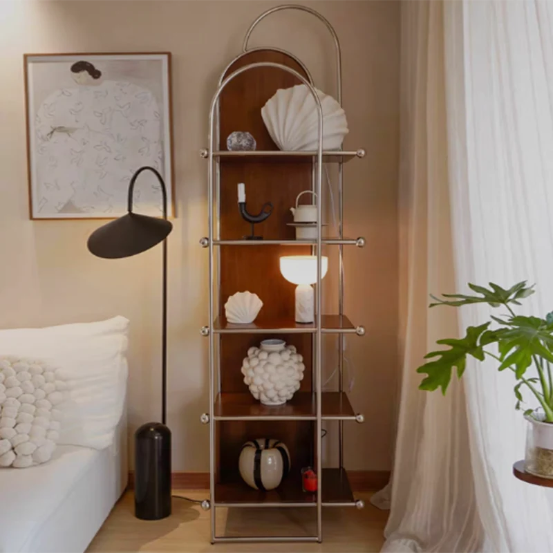Contemporary Scandinavian Stainless Steel Rubberwood Floor-Standing Corner Display Rack 5-Layer For Living Room & Study