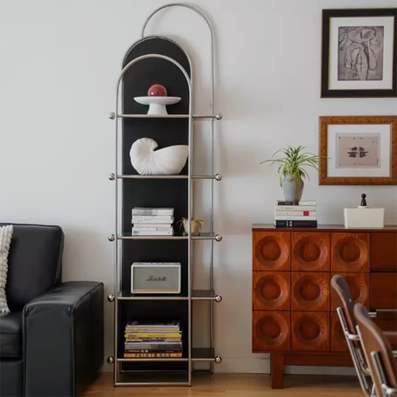 Contemporary Scandinavian Stainless Steel Rubberwood Floor-Standing Corner Display Rack 5-Layer For Living Room & Study