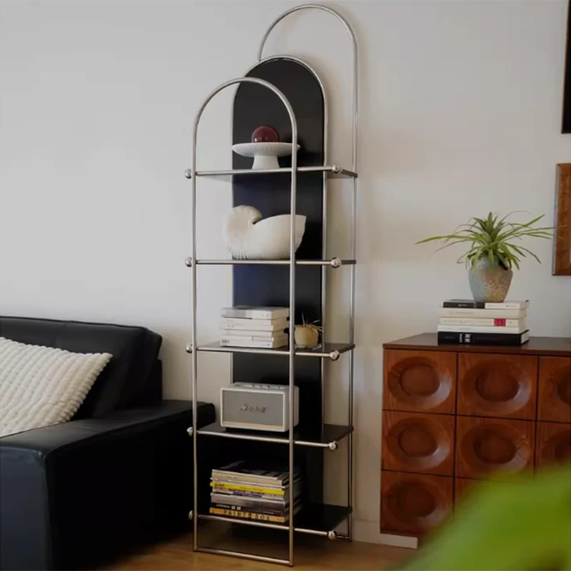 Contemporary Scandinavian Stainless Steel Rubberwood Floor-Standing Corner Display Rack 5-Layer For Living Room & Study