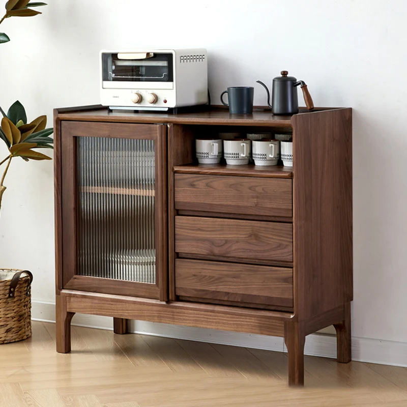 Traditional Vintage Rectangular Walnut Wood Paulownia Wood Glass Hardware Large Capacity Storage Cabinet 3-Drawer For Living Room