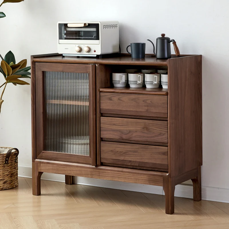 Traditional Vintage Rectangular Walnut Wood Paulownia Wood Glass Hardware Large Capacity Storage Cabinet 3-Drawer For Living Room
