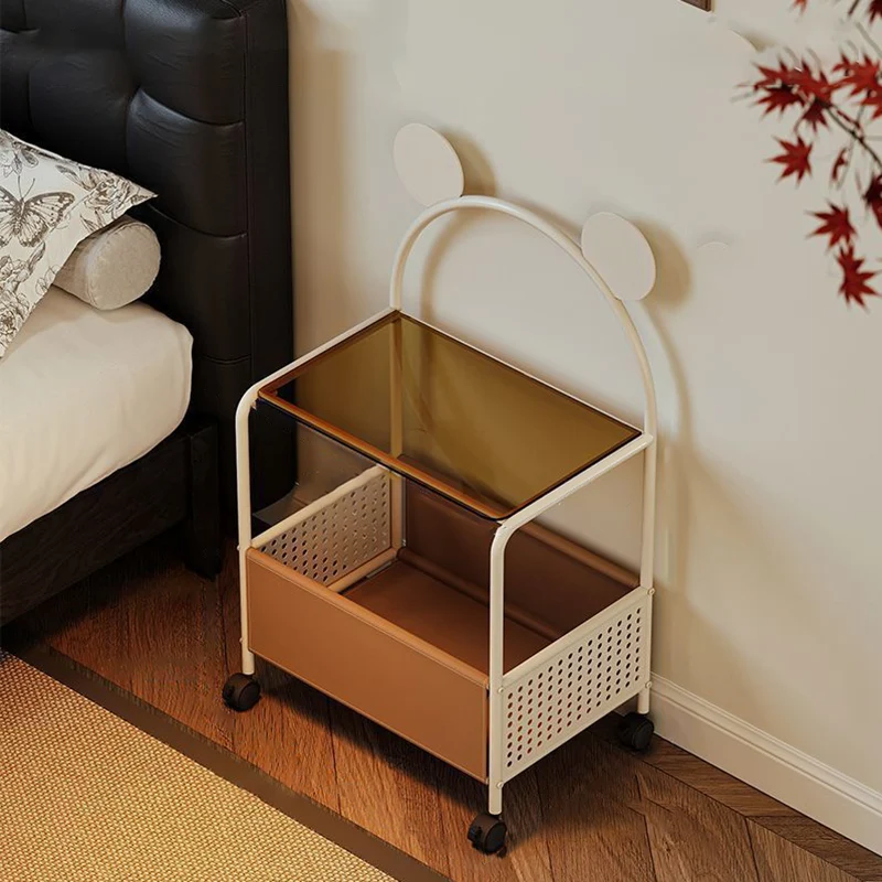 Contemporary Creative Bear Ears Rectangular Tempered Glass Iron Faux Leather PVC Movable Snacks Storage Shelf 2/3/4-Tier For Living Room