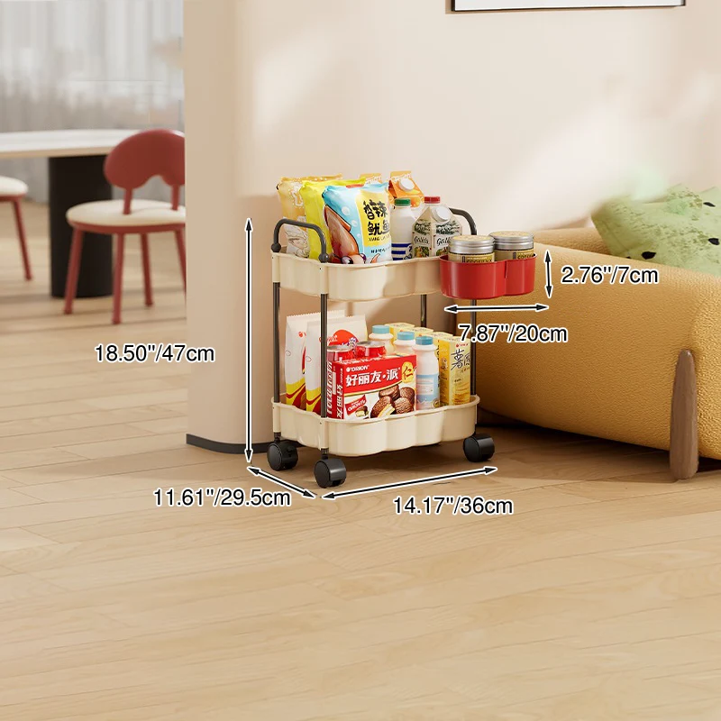 Modern Minimalist Wavy Edges Rectangular Steel Pipe Plastic Movable Storage Shelf 2-Tray For Living Room