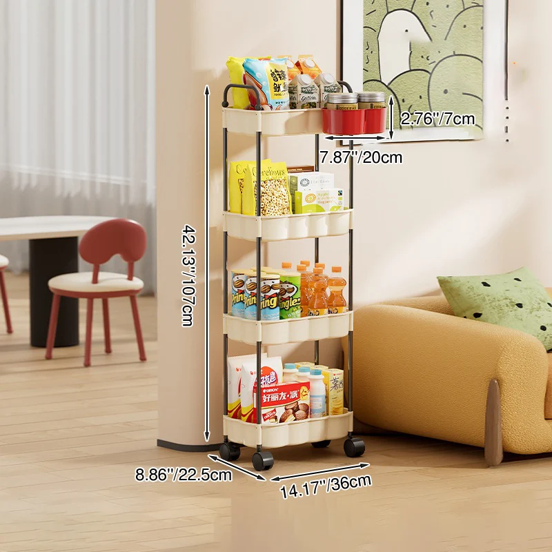 Modern Simplicity Wavy Edges Rectangular Steel Pipe Plastic Movable Snacks Storage Shelf 3/4-Tier For Living Room