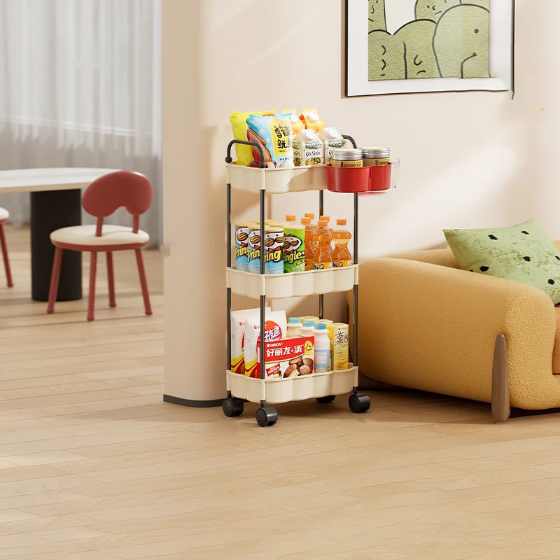 Modern Simplicity Wavy Edges Rectangular Steel Pipe Plastic Movable Snacks Storage Shelf 3/4-Tier For Living Room