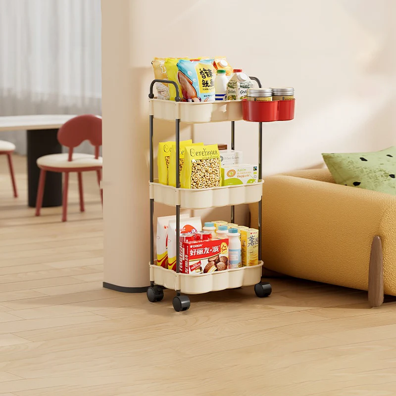 Modern Simplicity Wavy Edges Rectangular Steel Pipe Plastic Movable Snacks Storage Shelf 3/4-Tier For Living Room