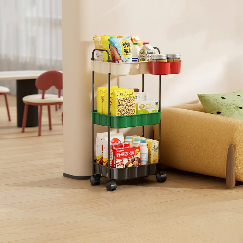 Modern Simplicity Wavy Edges Rectangular Steel Pipe Plastic Movable Snacks Storage Shelf 3/4-Tier For Living Room