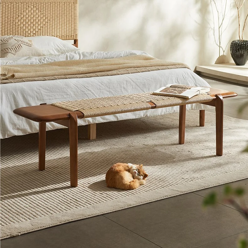 Traditional Rustic Smooth Edge Rectangular Ash Wood Cowhide Paper Rope Weaving Bedroom Bench Backless Armless For Bedroom