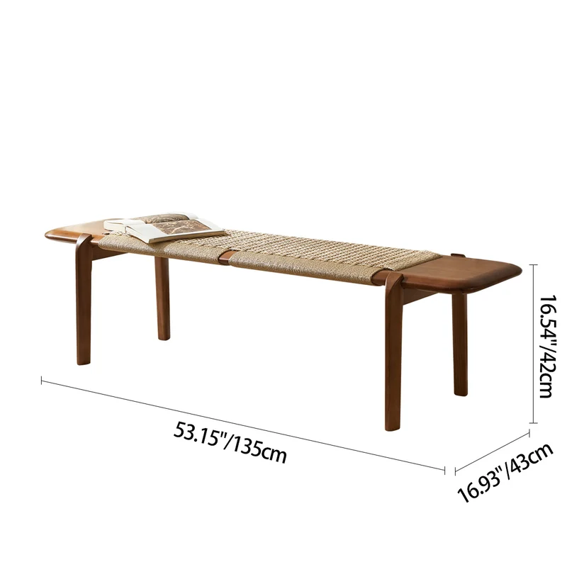 Traditional Rustic Smooth Edge Rectangular Ash Wood Cowhide Paper Rope Weaving Bedroom Bench Backless Armless For Bedroom