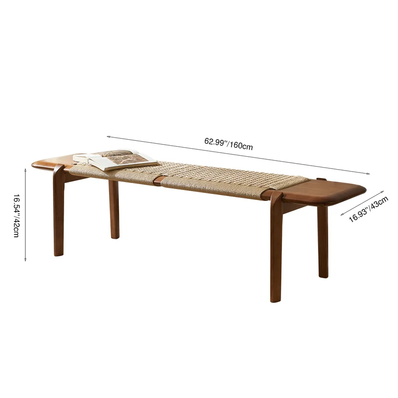 Traditional Rustic Smooth Edge Rectangular Ash Wood Cowhide Paper Rope Weaving Bedroom Bench Backless Armless For Bedroom