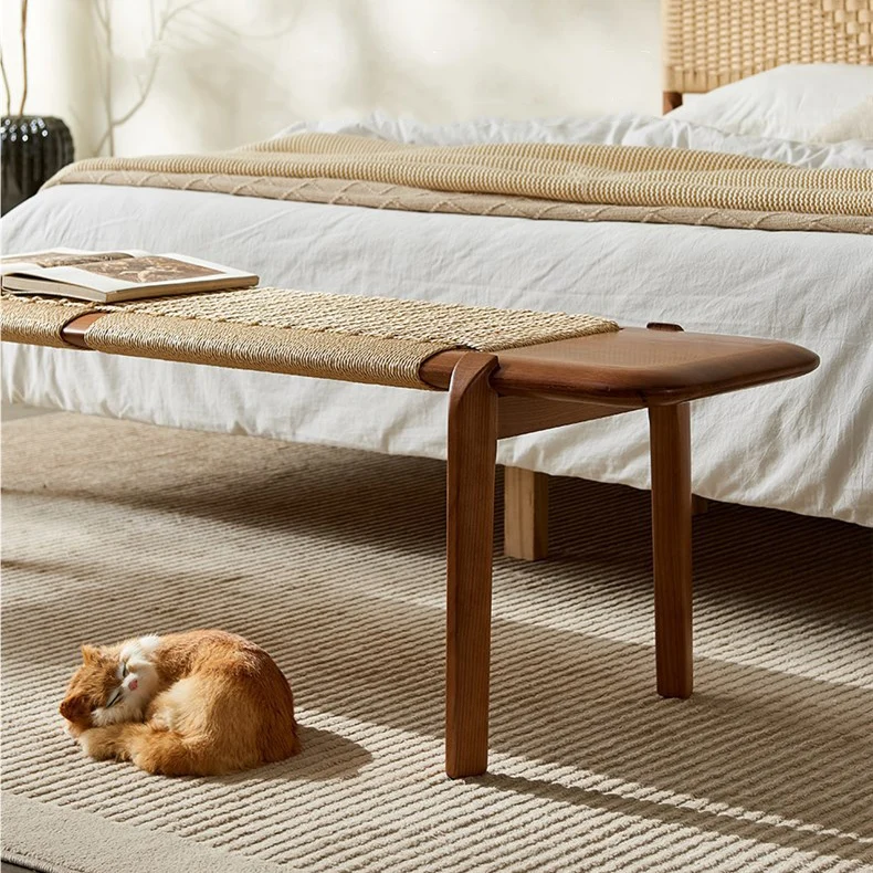 Traditional Rustic Smooth Edge Rectangular Ash Wood Cowhide Paper Rope Weaving Bedroom Bench Backless Armless For Bedroom