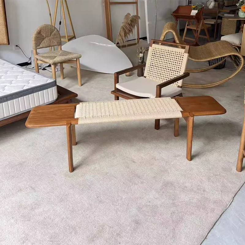 Traditional Rustic Smooth Edge Rectangular Ash Wood Cowhide Paper Rope Weaving Bedroom Bench Backless Armless For Bedroom