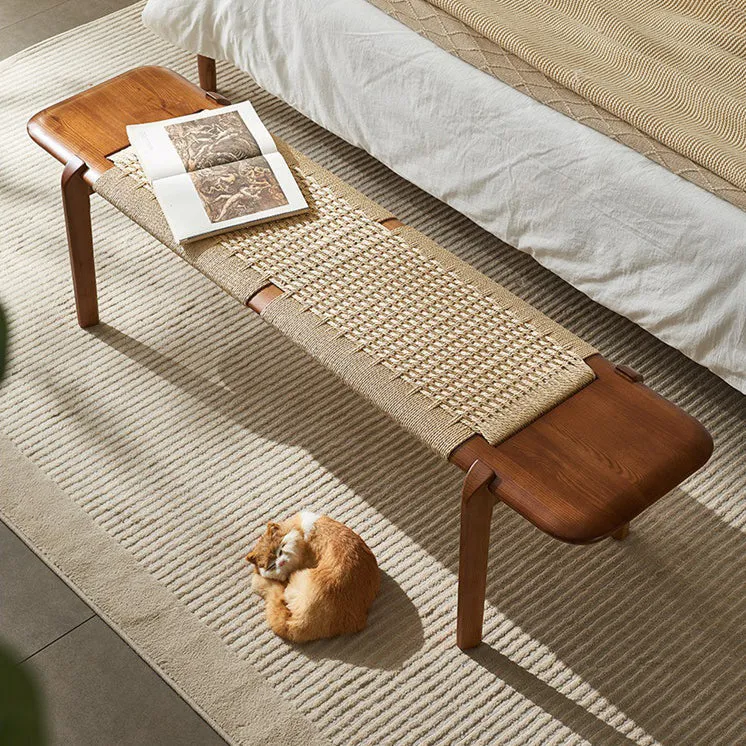 Traditional Rustic Smooth Edge Rectangular Ash Wood Cowhide Paper Rope Weaving Bedroom Bench Backless Armless For Bedroom