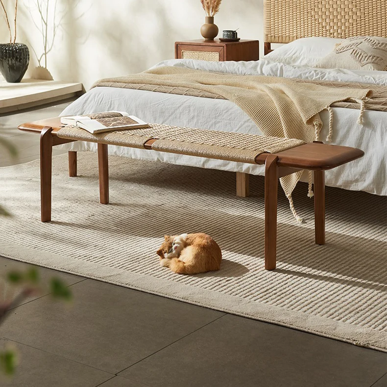 Traditional Rustic Smooth Edge Rectangular Ash Wood Cowhide Paper Rope Weaving Bedroom Bench Backless Armless For Bedroom