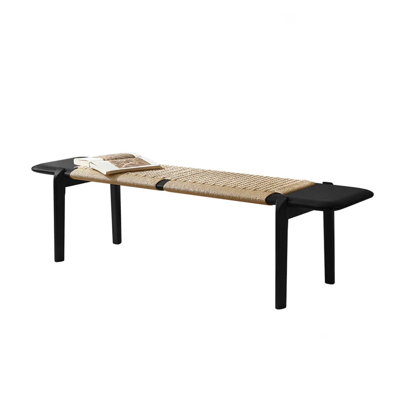Traditional Rustic Smooth Edge Rectangular Ash Wood Cowhide Paper Rope Weaving Bedroom Bench Backless Armless For Bedroom