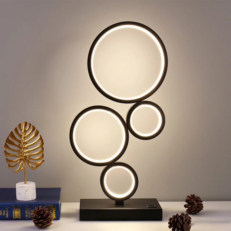Modern Minimalist Rectangular-Base Multiple Circular Aluminum Iron Silicone LED Desk Lamp For Bedroom
