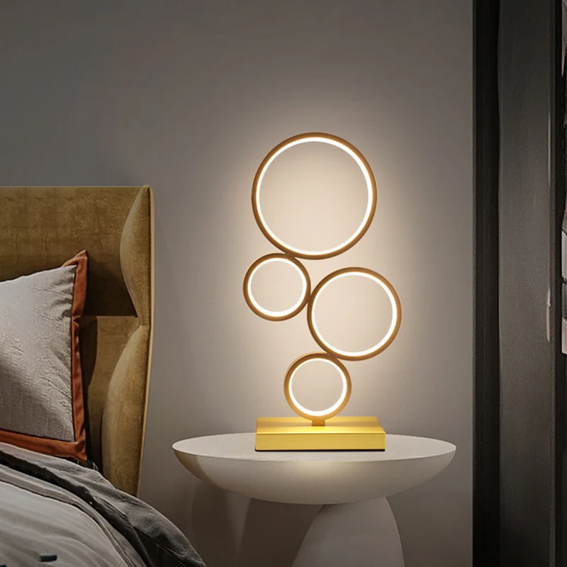 Modern Minimalist Rectangular-Base Multiple Circular Aluminum Iron Silicone LED Desk Lamp For Bedroom