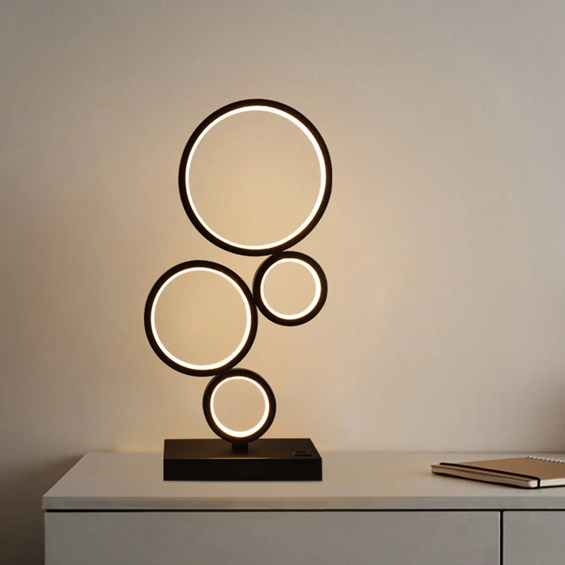 Modern Minimalist Rectangular-Base Multiple Circular Aluminum Iron Silicone LED Desk Lamp For Bedroom