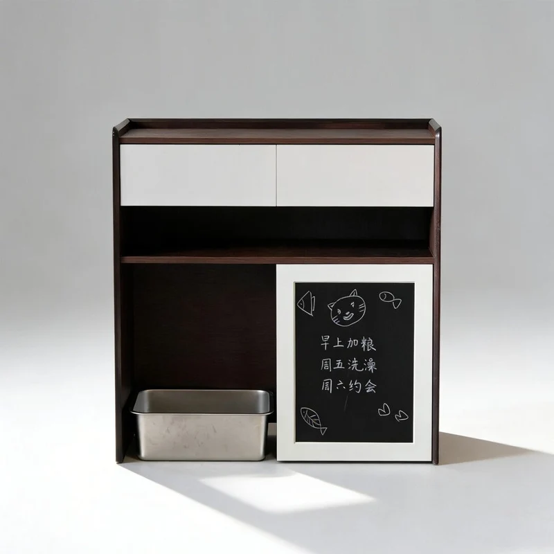 Contemporary Nordic Solid Wood & Plywood Cat Cabinet - Pet Feeding Station With Storage Drawers & Memo Board For Cats