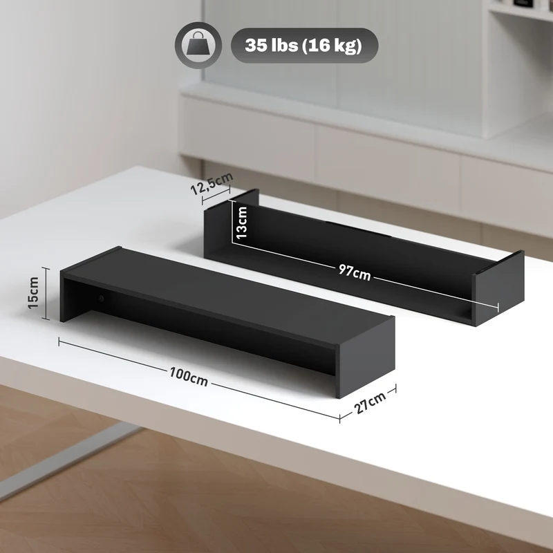 Elevador de Ecrã para PC Suporte de Ecrã de 100 cm Suporte de Monitor com Dois Compartimentos Preto