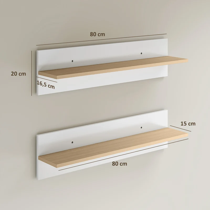 Conjunto de 2 Prateleiras Flutuantes de Parede 80 cm para Sala, Entrada ou Quarto, Carga 3 kg, Branco e Natural