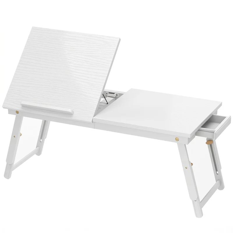 Mesa de Computador Dobrável e Ajustável Tampo para Computador Portátil em Bambu Tampo Inclinável 83,5x33x34 cm Branco