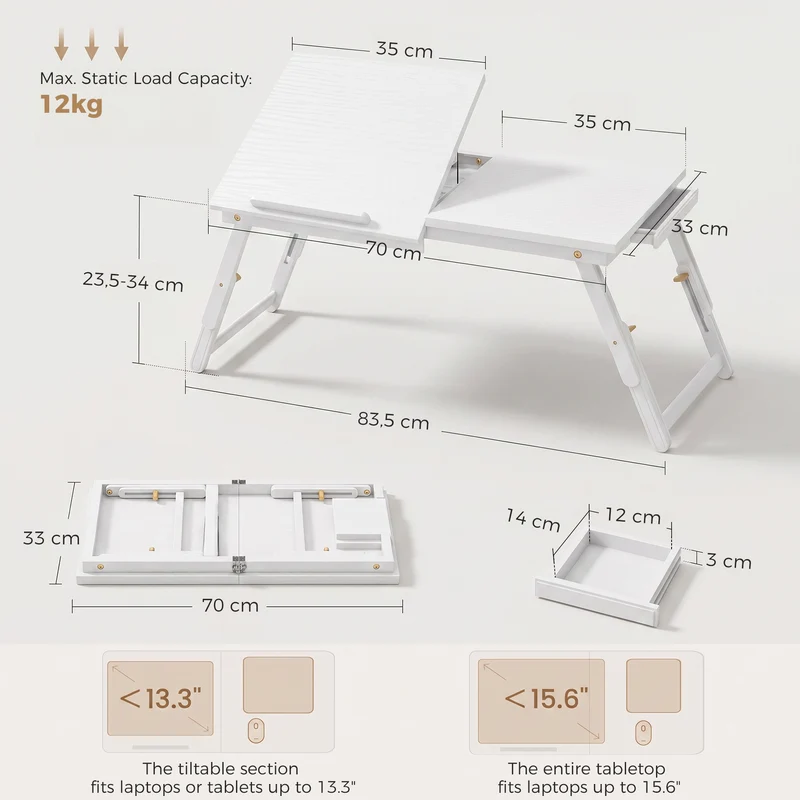 Mesa de Computador Dobrável e Ajustável Tampo para Computador Portátil em Bambu Tampo Inclinável 83,5x33x34 cm Branco
