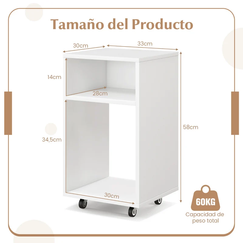 Arquivo Vertical Móvel com 2 Prateleiras Abertas e Suporte para Impressora 33 x 30 x 58 cm Branco